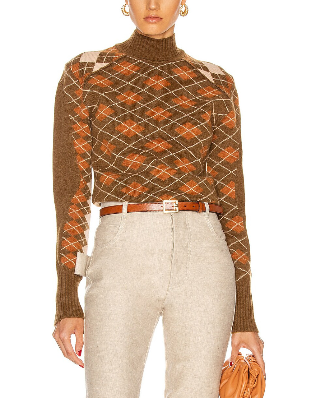 Chloe Argyle Cedar Green Turtleneck Sweater Size XS